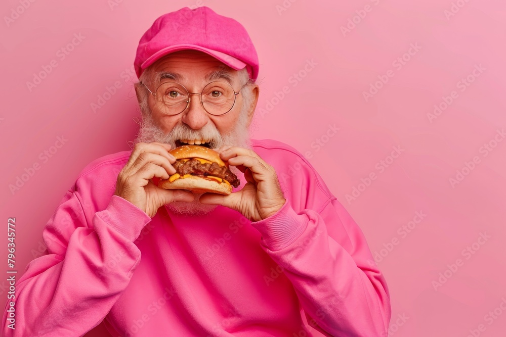 Elderly man enjoying tasty burger against soft pastel background with room for text Elderly man enjoying tasty burger against soft pastel background with room for text