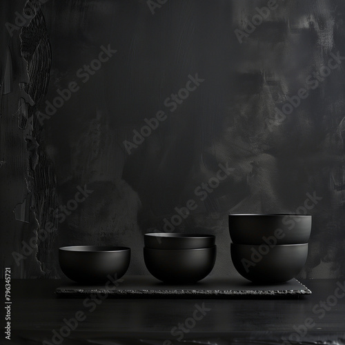 Modern black kitchen countertop with minimalist ceramic bowls