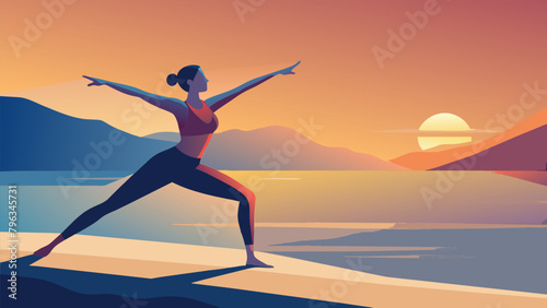 Against a backdrop of sunset skies a solo woman can be seen practicing pilates on a quiet beach her limbs gracefully extending and contracting
