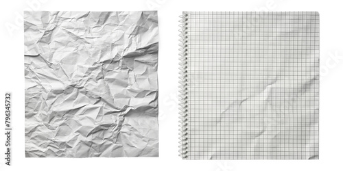 Crumpled paper next to a blank grid notebook. High-resolution image showcasing texture contrast suitable for backgrounds, flyers, or graphic elements.