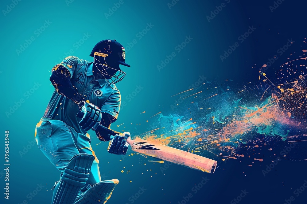 Fototapeta premium Cricket batsman playing on the blue background giving a six shot