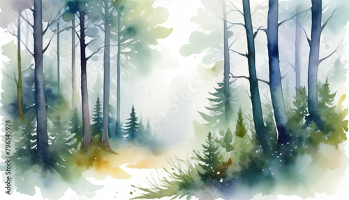Misty watercolor forest landscape, evoking Earth Day themes and tranquil natural settings, suitable for background or environmental conservation concepts