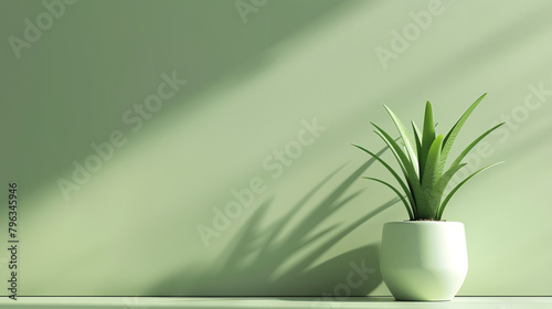 Potted aloe plant in minimalist white vase  green wall 