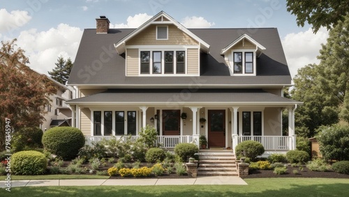 The image shows a two-story house with a gray exterior and a black front door. There is a lawn in front of the house with a tree and some bushes. © Awais