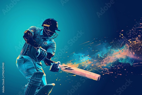 Cricket batsman playing on the blue background giving a six shot