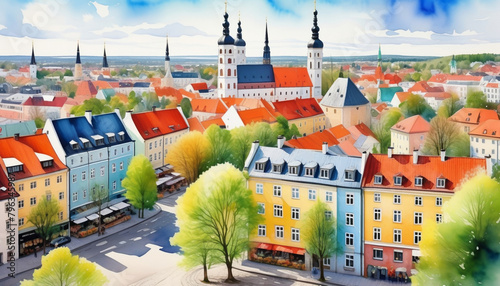 Idyllic European town with colorful buildings and churches, depicting springtime or European culture, suitable for travel and architecture themes