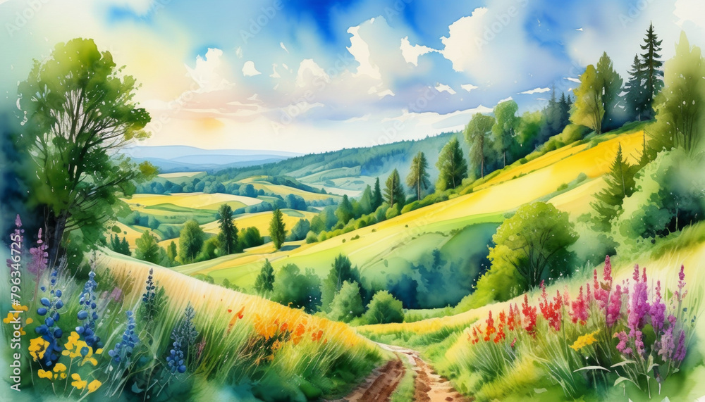 Lush summer landscape with vibrant wildflowers and green rolling hills, ideal for Earth Day or Spring Equinox themes Lush summer landscape with vibrant wildflowers and green rolling hills, ideal for Earth Day or Spring Equinox themes