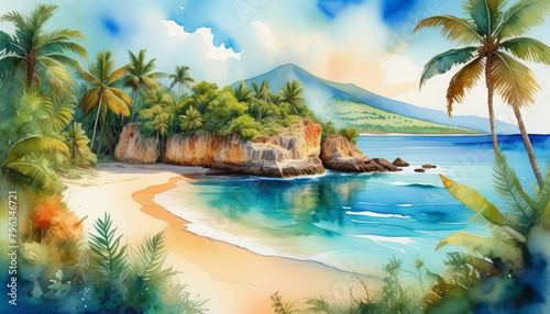 Tropical beach paradise with palm trees and clear blue water  ideal for travel brochures and summer vacation promotions