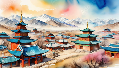 Vibrant digital artwork of an ancient Asian village with pagodas and mountains, ideal for Chinese New Year and cultural heritage themes