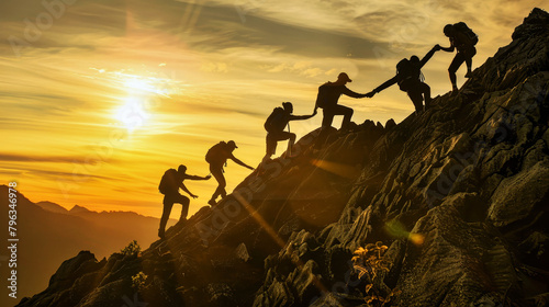 A group of adventurous individuals courageously climbing up the rugged side of a majestic mountain, against a backdrop of breathtaking scenery photo