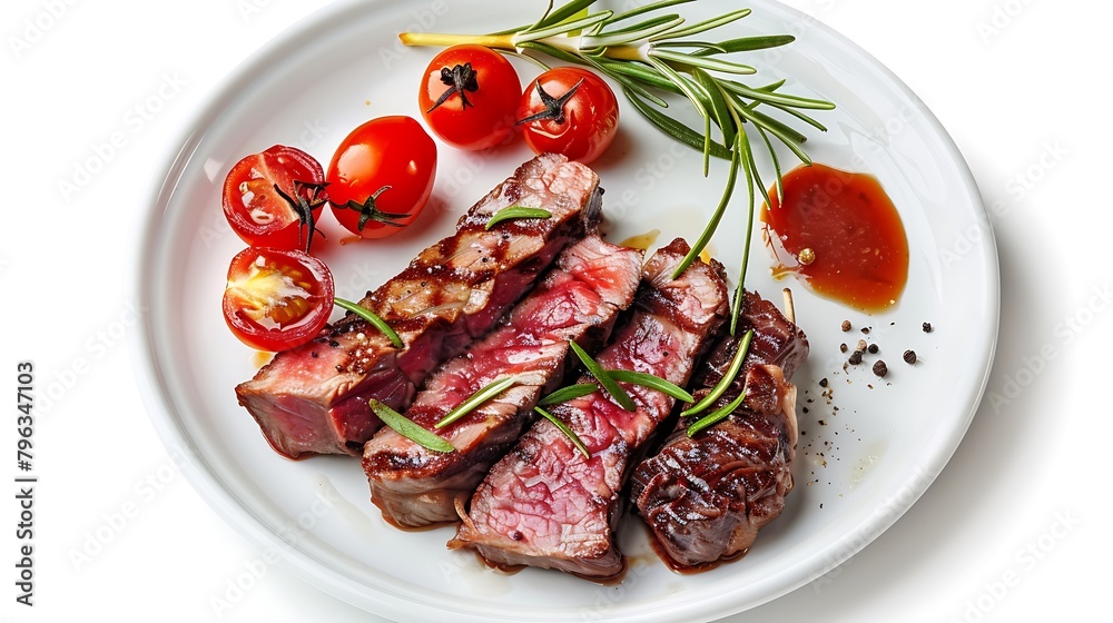 The panfried meat is sitting on grate on a white plate with chili, onion and tomatoes on it