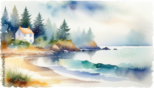 Idyllic watercolor painting of a solitary coastal cottage amid pine trees, evoking tranquility and concepts related to vacations and mental health retreats