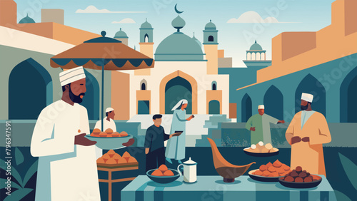 A bustling market in Morocco features a variety of mint teas being served from silver teapots alongside flaky pastries filled with honey and