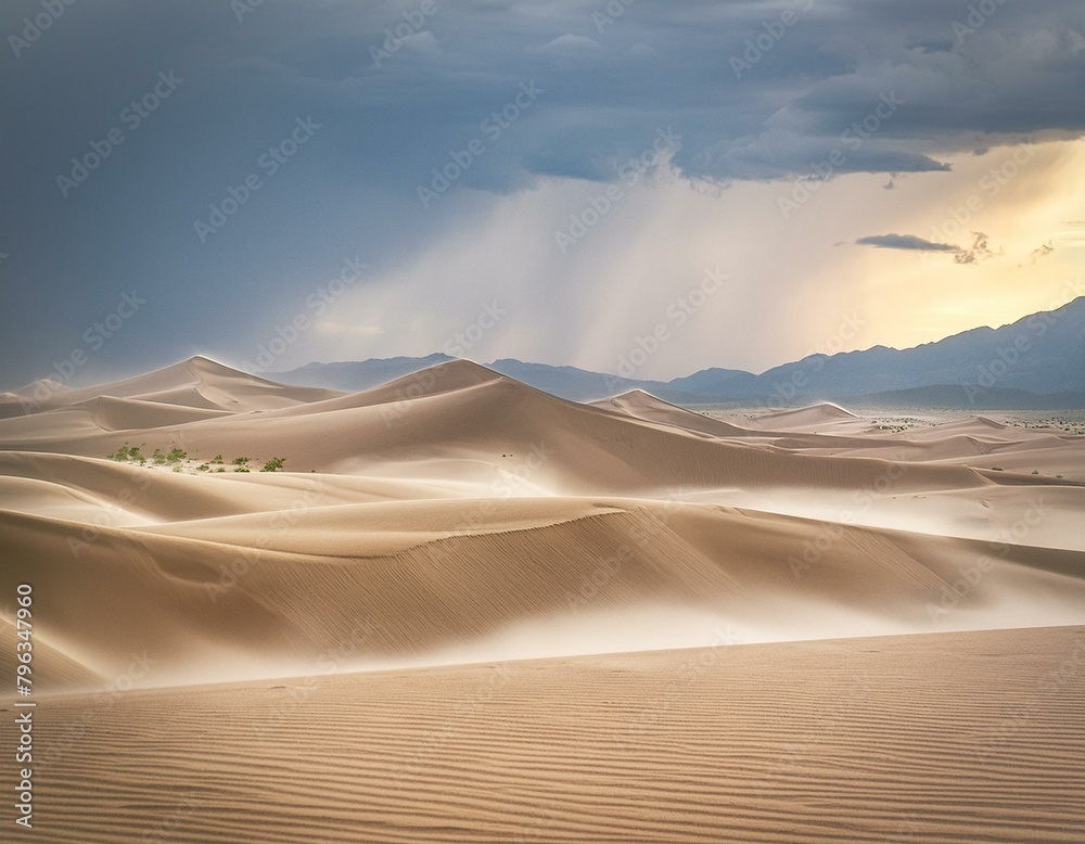 A dynamic image showing a sandstorm in progress, with winds whipping over barchan dunes