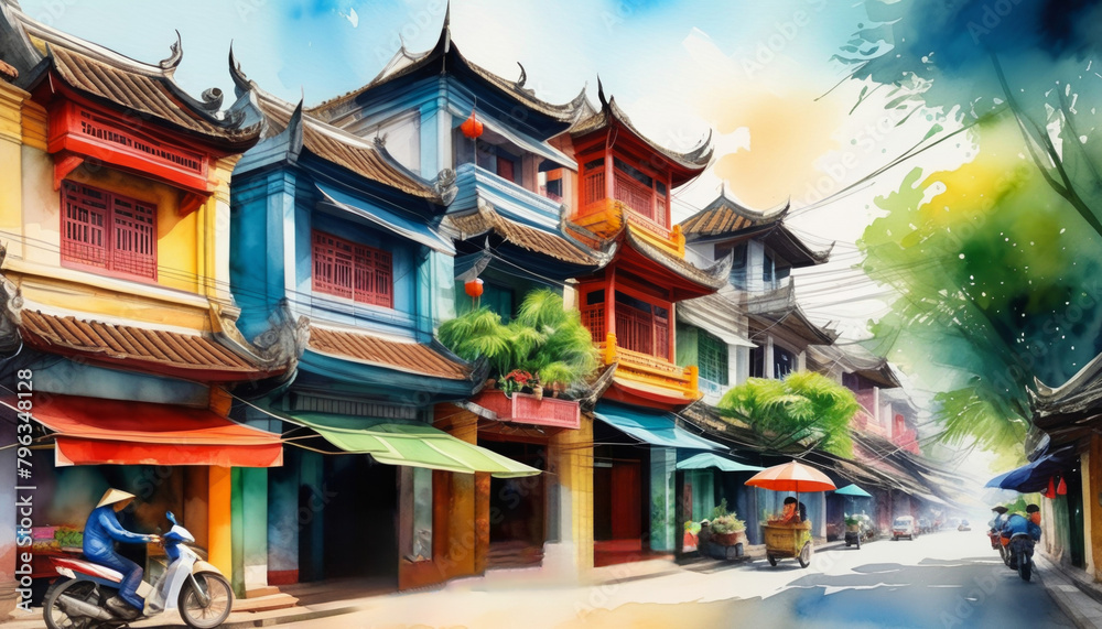 Vibrant digital artwork of a traditional Asian street with colorful architecture and a motorcyclist, evoking Chinese New Year and cultural heritage themes