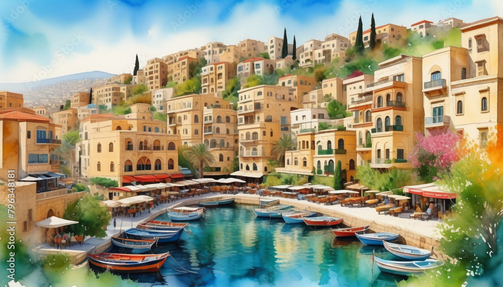 Obraz premium Idyllic Mediterranean coastal town with colorful buildings and moored boats, ideal for travel, summer vacations, and tourism brochures