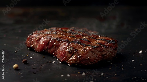 Seasoned meat steak on a black background, placed ,The steak is deliciously grilled and beautifully plated. photo