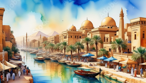 Idyllic ancient Egyptian riverside scene with bustling marketplace, traditional boats, and architecture, related to concepts of history and travel in the Middle East photo