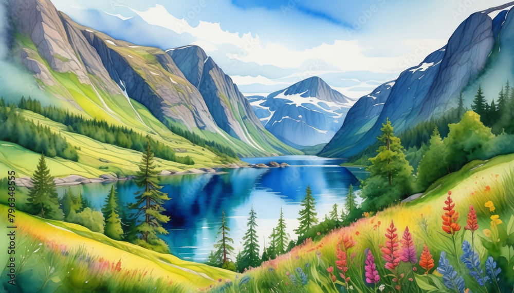 Idyllic animated landscape showcasing a tranquil mountain lake surrounded by lush meadows and towering peaks, ideal for themes of Earth Day and nature conservation