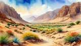 Vibrant desert oasis landscape with colorful flora, rock formations under a blue sky, ideal for travel and nature concepts, especially Earth Day