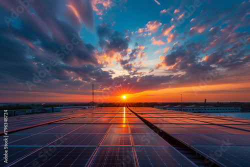 The sun setting over a warehouse rooftop covered in solar panels, symbolizing a commitment to sustainability.