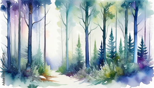 Serene watercolor forest landscape with lush trees and misty ambiance, ideal for tranquility themes and Earth Day promotions