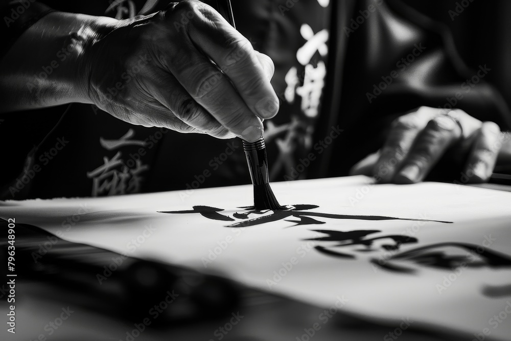 A man is painting Chinese characters on a piece of paper A man is painting Chinese characters on a piece of paper