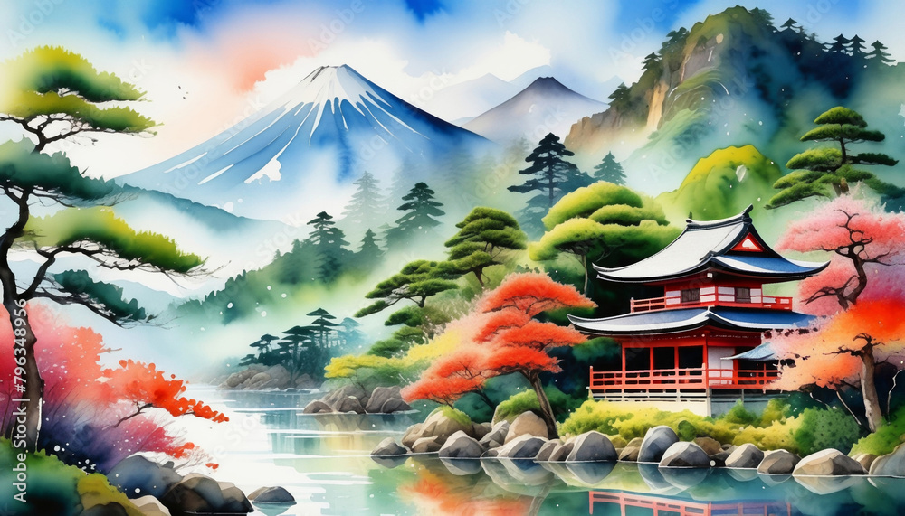 Colorful illustration of a traditional Japanese scenery with Mount Fuji, a pagoda, and autumnal trees, suitable for travel themes and cultural celebrations like Shichi-Go-San