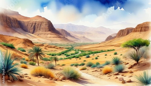 Illustration of a verdant oasis amid sunlit desert dunes  depicting tranquility and survival in harsh environments  ideal for travel and adventure themes