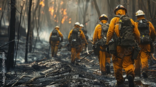 A team of firefighters wearing specialized gear and carrying heavy equipment trudge through a burnt forest scanning for any remaining embers. They are the unsung heroes of nature conservation .