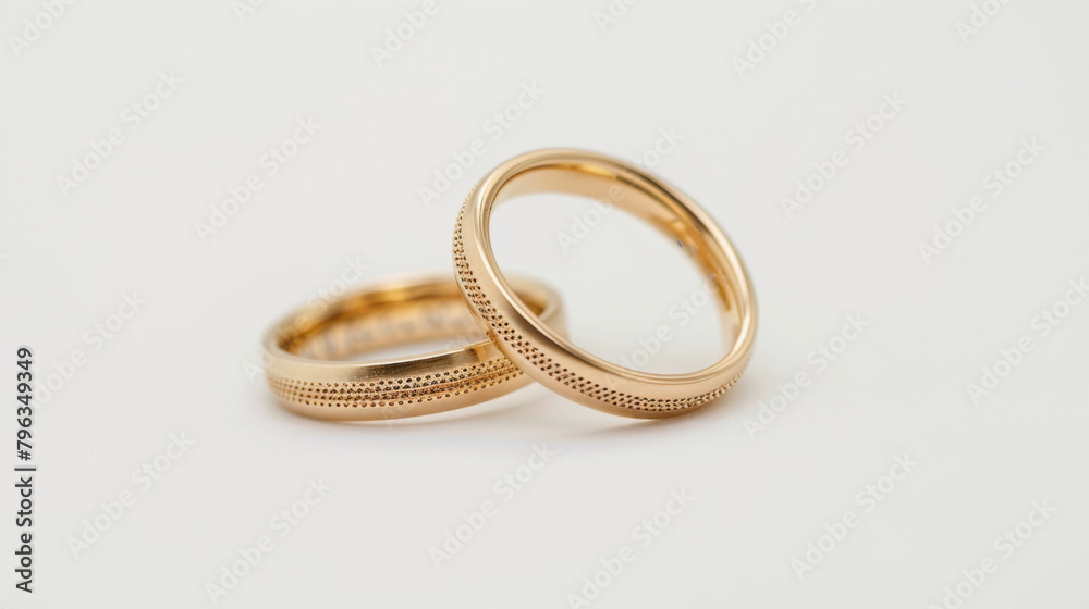 Close-up view of a pair of gold wedding rings isolated on white background Close-up view of a pair of gold wedding rings isolated on white background