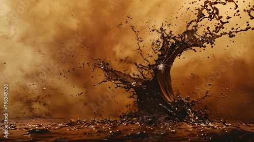 a powerful, upward chocolate splash, resembling a tree, against an earthy brown background.  photo