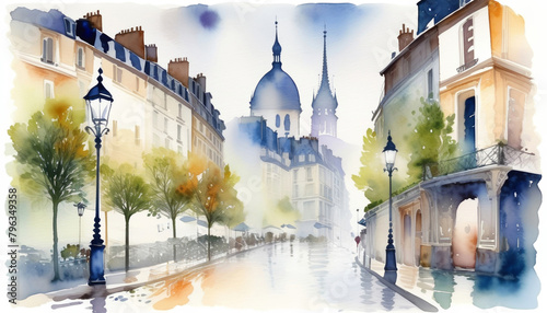 Idyllic watercolor of a Parisian street with historical architecture, perfect for travel themes or Bastille Day promotions, capturing the essence of French culture