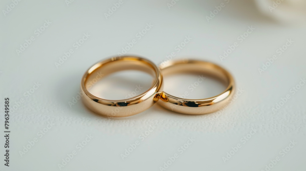 Close-up view of a pair of gold wedding rings isolated on white background Close-up view of a pair of gold wedding rings isolated on white background