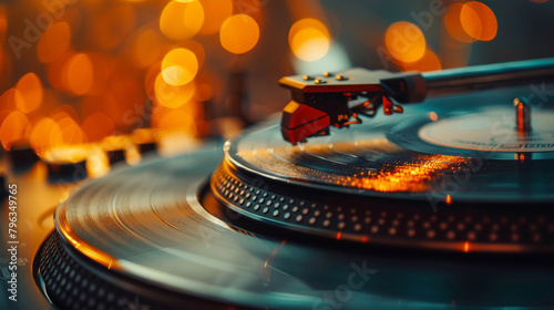Vintage turntable playing vinyl record with warm bokeh lights photo