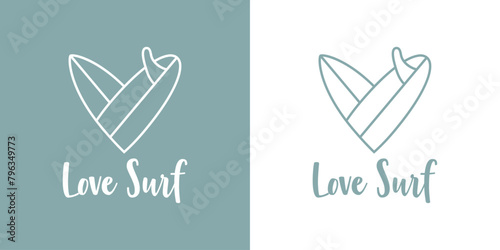 Logo club de surf. I love surf. Silueta de 2 tablas de surf con forma de corazón lineal y texto Love Surf