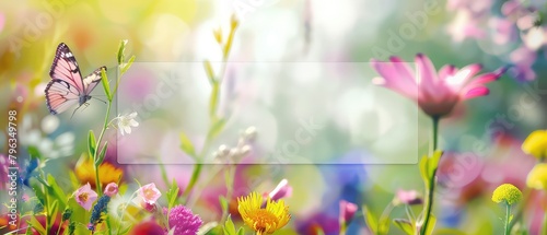 Background with wild flowers butterfly and transparent frame where for text, beautiful bokeh, Illustration.