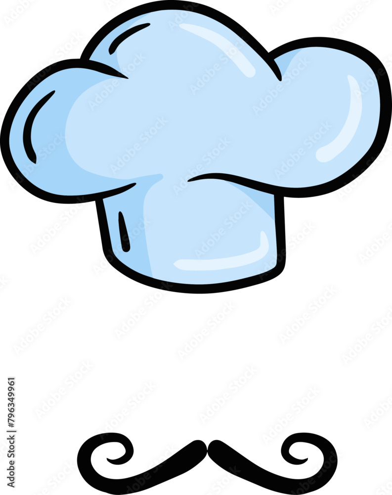 Chef cap. Cook sign. Cafe or french restaurant illustration. Bakery costume, cooking wear with moustache isolated on white. White uniform and hat Chef cap. Cook sign. Cafe or french restaurant illustration. Bakery costume, cooking wear with moustache isolated on white. White uniform and hat