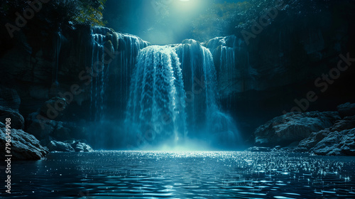 A waterfall is shown in the dark of night