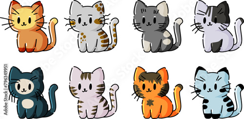 Cute kitty character, happy kitten drawing isolated on white. Outline colorful different animal portrait. Cat cartoon set.