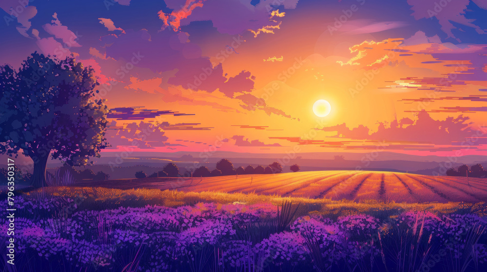 Fototapeta premium Stunning sunset panorama over vibrant summer fields