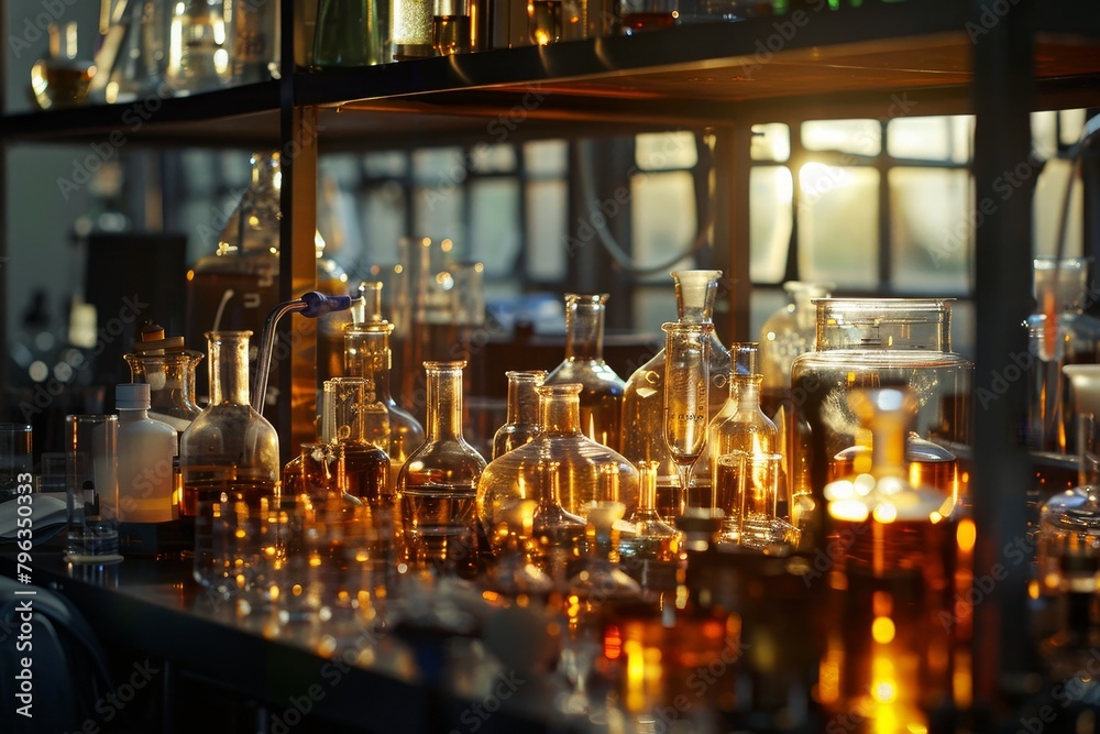 A shelf full of glass bottles with a warm glow