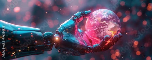 Robot holding a holographic planet Earth, neon wireframe, volumetric light, detailed quantum energy fields