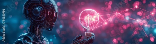 Robot showcasing a hovering light bulb, detailed wireframe, neon glow, 3D holographic quantum energy flows