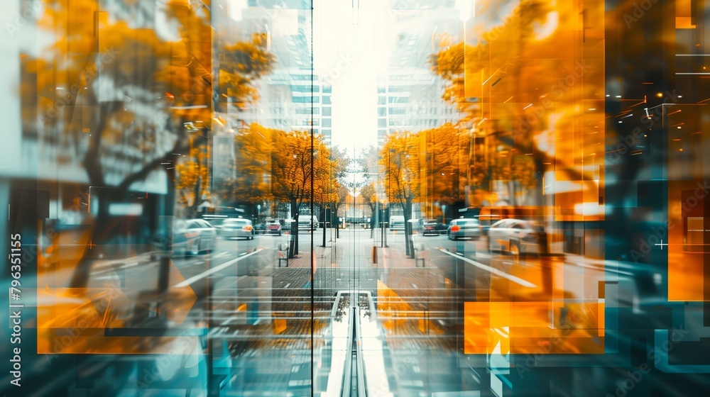 Superimposition effect, city street with blurred image of cars, reflection travel mode of transport rush hour commuter