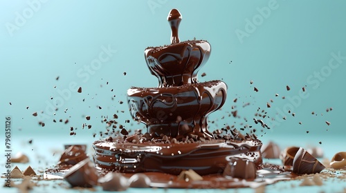 a 3D rendering of a spiraling chocolate fountain, sharply detailed against a turquoise background.