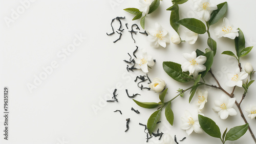 White jasmine flowers and leaves with scattered dried tea leaves on a white surface.