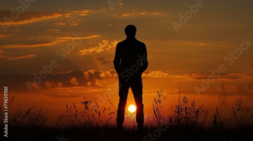 Silhouetting, man standing in sunset, tranquil scene exercising landscape yellow cloud
