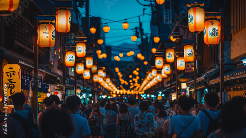 Gion Matsuri Festival at night, the streets are filled with traditional lantern lights creating a magical atmosphere, Ai generated Images