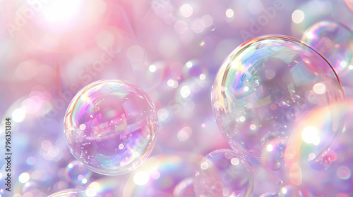 iridescent transparent soap bubbles on a light purple background with copy space